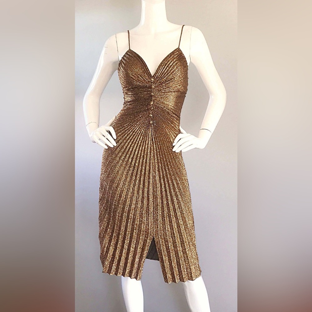 Stunning Vintage New Leaf by Samir Gold Accordion Pleated 70s Dress 9/10